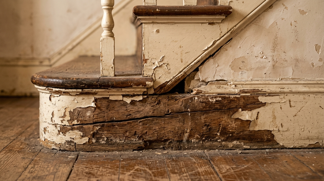 Plinthe en bois abîmée avec peinture écaillée et fissures au bas d'un escalier Plinthe en bois abîmée avec peinture écaillée et fissures au bas d'un escalier