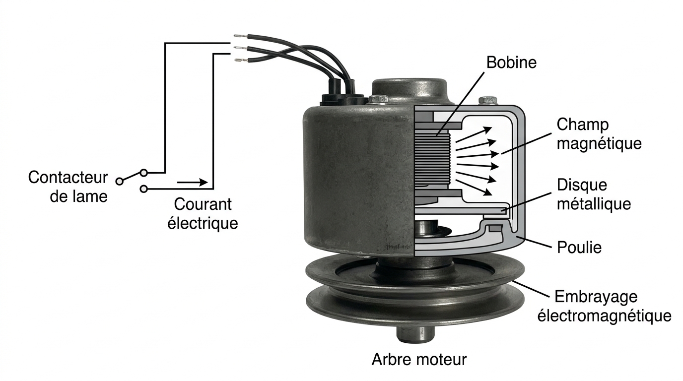 Schéma de fonctionnement de l'embrayage électromagnétique pour une lame de tracteur tondeuse