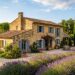 Maison provençale en pierre ocre avec volets bleu-gris et lavande en premier plan