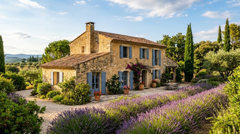 Maison provençale en pierre ocre avec volets bleu-gris et lavande en premier plan