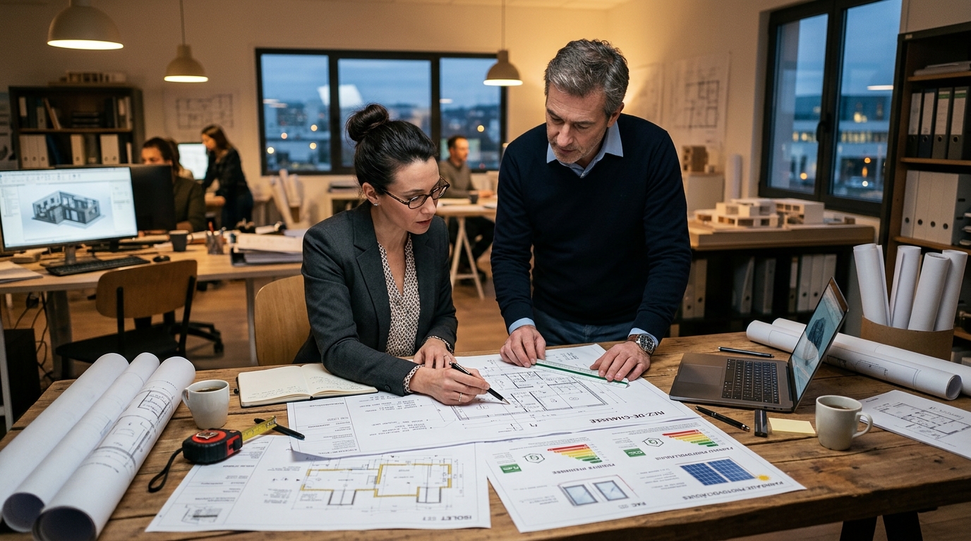 Architecte et ingénieur examinant des plans techniques et documents énergétiques sur une table Architecte et ingénieur examinant des plans techniques et documents énergétiques sur une table