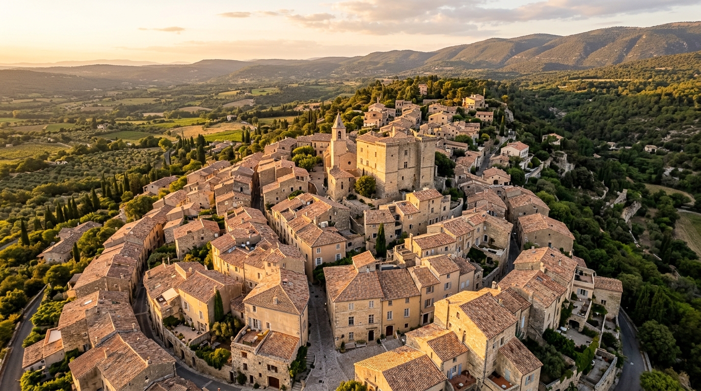 Vue aérienne d'un village provençal aux toits en tuiles et façades harmonieuses Vue aérienne d'un village provençal aux toits en tuiles et façades harmonieuses