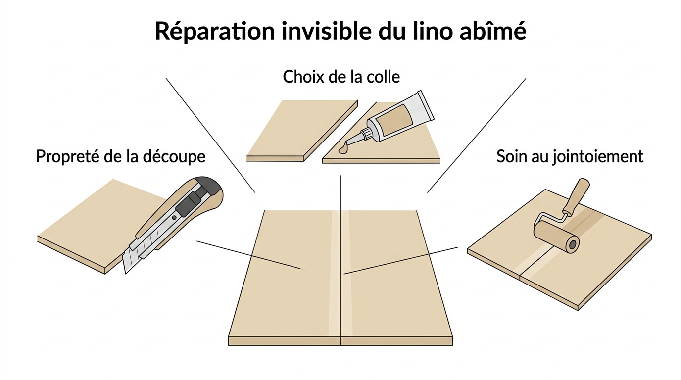Réparer d'un lino abîmé avec soin Réparation d'un lino avec découpe précise et colle