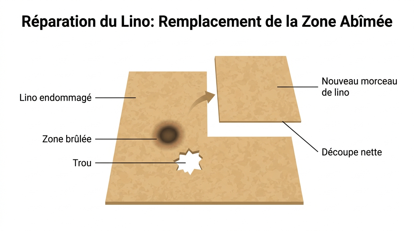 Réparation d'un lino abîmé avec une pièce Réparation d'un lino abîmé avec une rustine