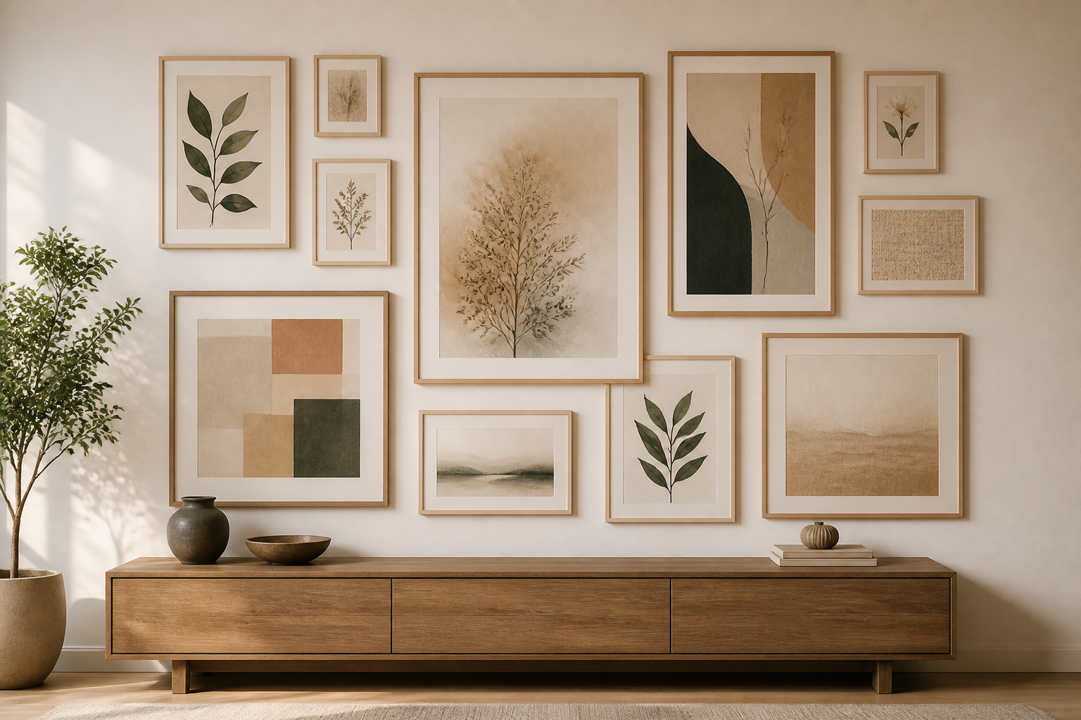 Composition murale élégante avec cadres variés, prints abstraits et illustrations botaniques en tons terreux Composition murale élégante avec cadres variés, prints abstraits et illustrations botaniques en tons terreux