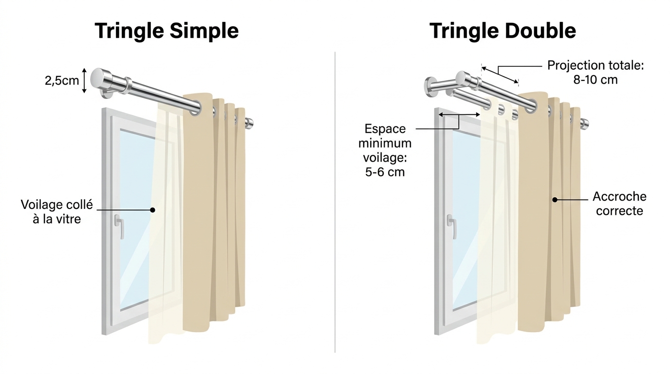 Rideau et voilage installés sur tringle et espace entre mur et fenêtre Rideau et voilage installés sur tringle et espace entre mur et fenêtre