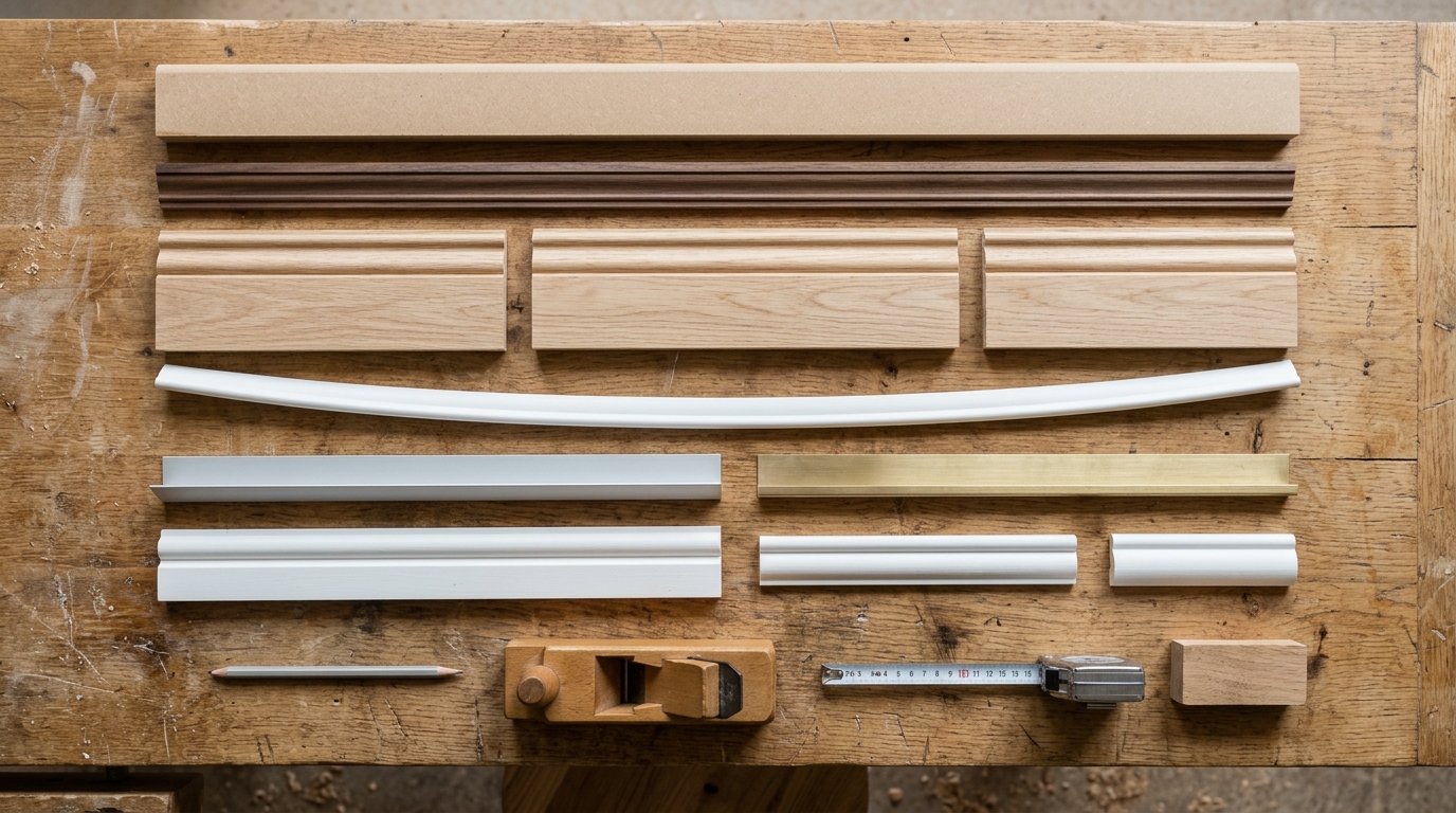 Matériaux de finition d'escalier disposés sur un établi en bois, profilés et baguettes Matériaux de finition d'escalier disposés sur un établi en bois, profilés et baguettes