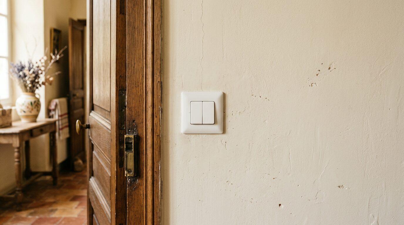 Interrupteur va-et-vient blanc encastré près d'une porte intérieure