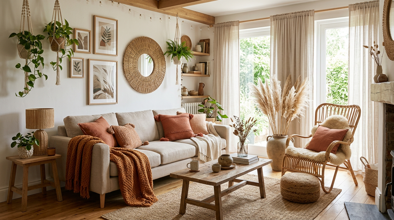 Salon bohème scandinave avec coussins et plaid terracotta et rotin