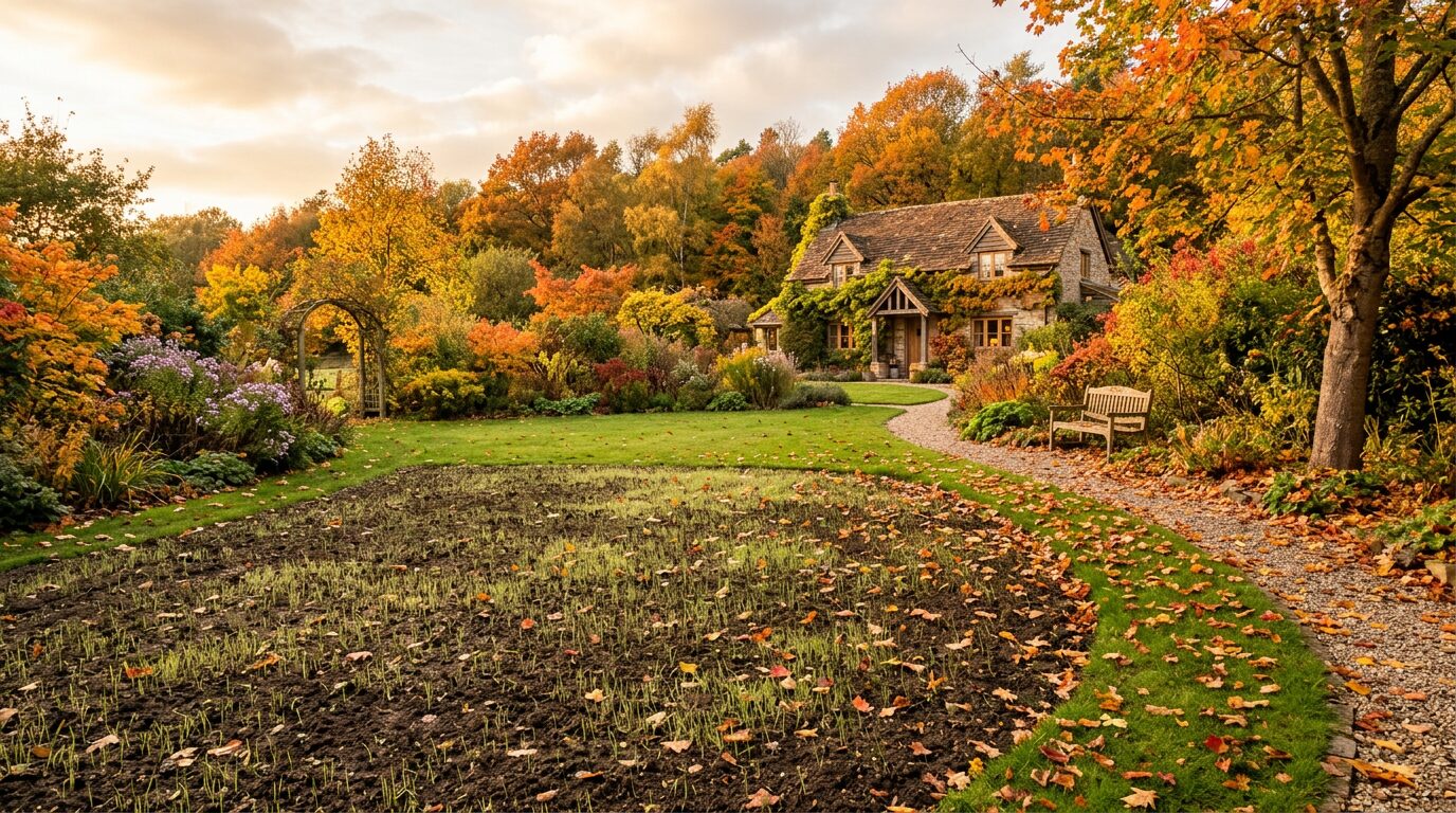 Jardin en automne avec de jeunes pousses de gazon commencant a germer