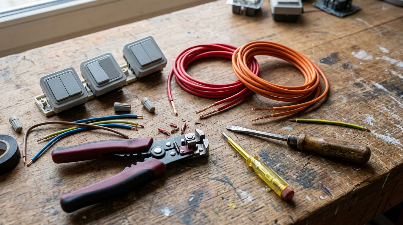 Matériel électrique pour montage va-et-vient Interrupteurs, fils et outils posés à plat pour un montage électrique