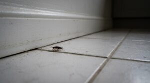 Petite nymphe de cafard brun clair sur un carrelage de cuisine sombre