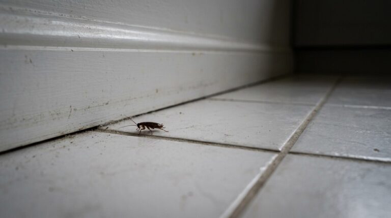 Petite nymphe de cafard brun clair sur un carrelage de cuisine sombre