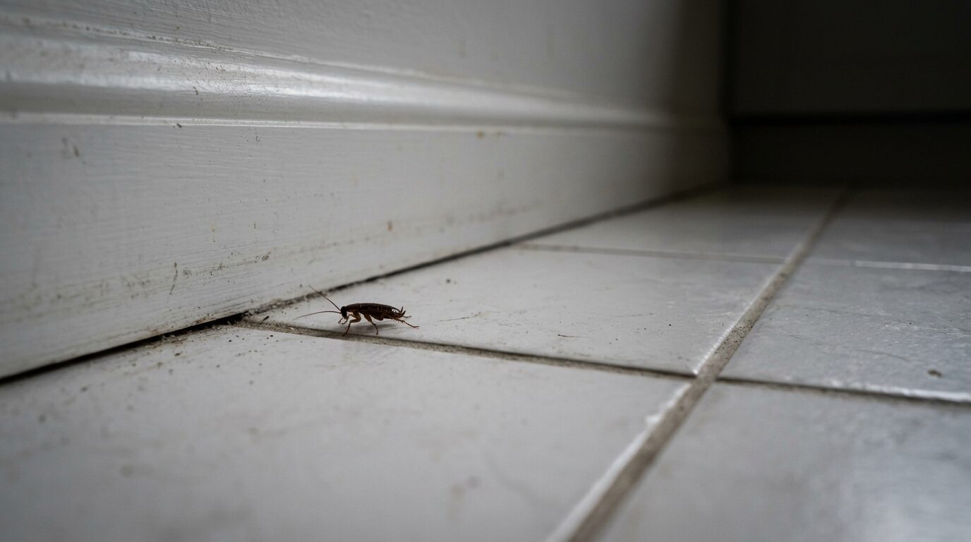 Bébé cafard identification carrelage cuisine sombre Petite nymphe de cafard brun clair sur un carrelage de cuisine sombre