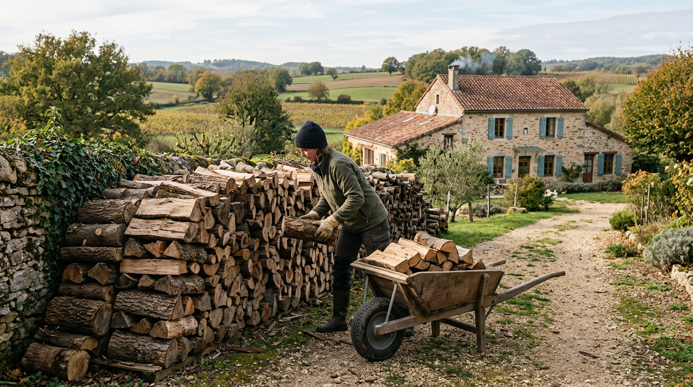 Stockage exterieur dun stere de bois Grand tas de buches de bois stocke a lexterieur pres dune maison