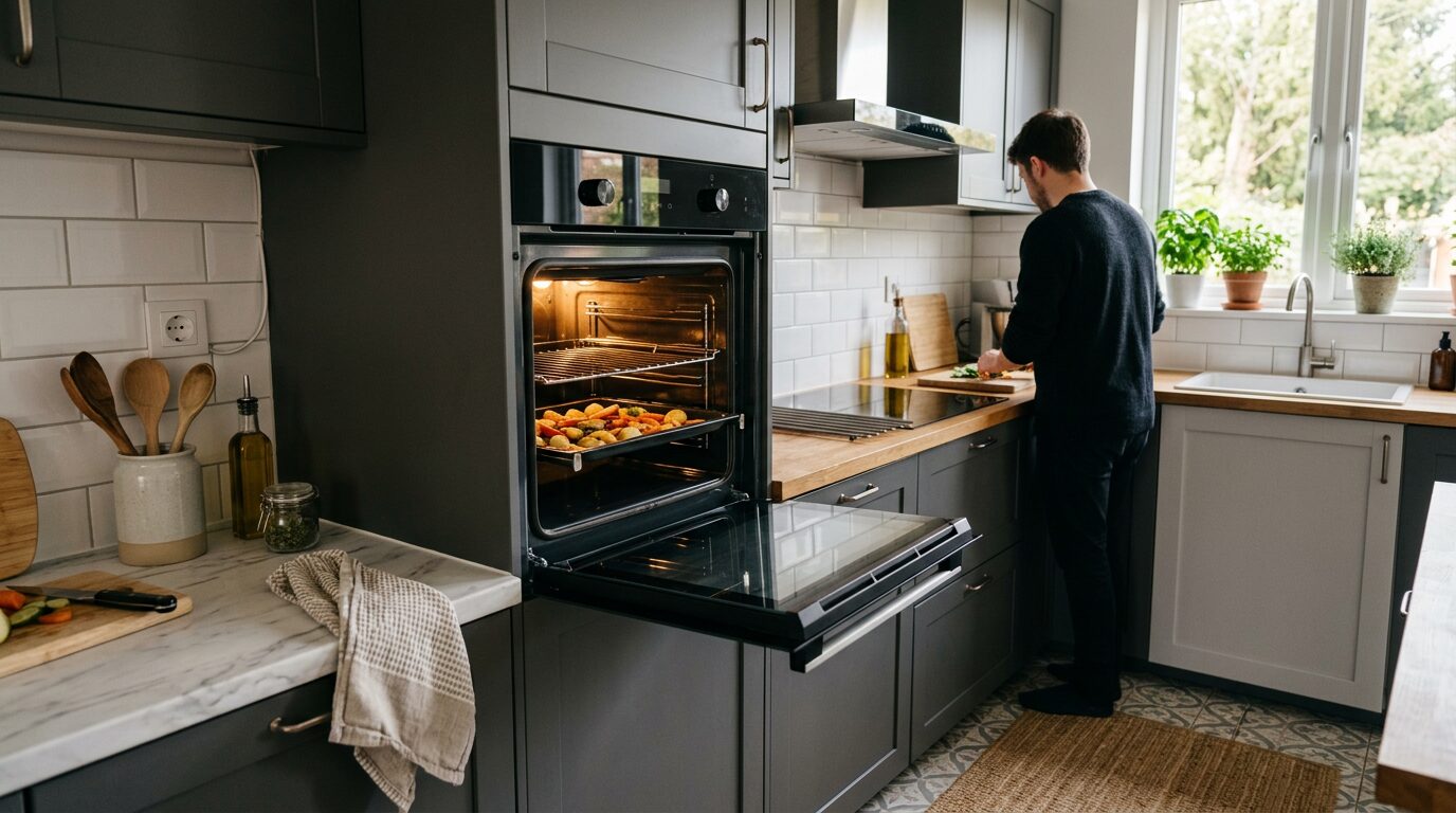 Four électrique encastré ouvert dans une cuisine, appareil pouvant provoquer un déclenchement