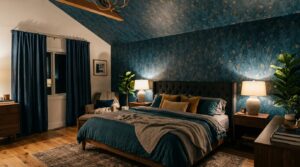 Chambre cocon avec papier peint bleu nuit sur mur et plafond tendance 2026
