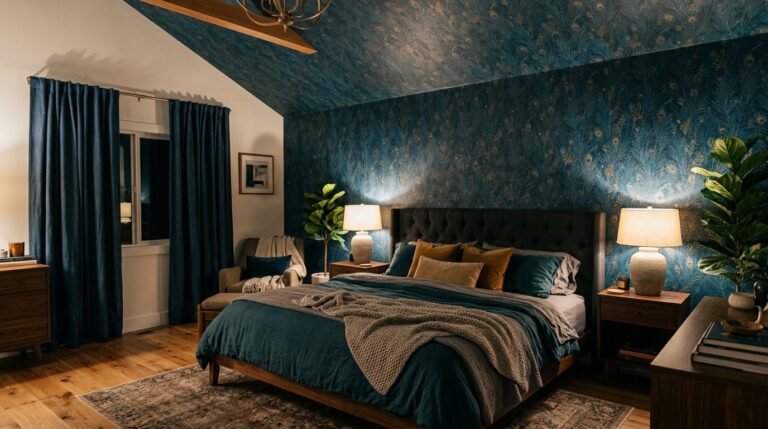 Chambre avec papier peint tendance au plafond Chambre cocon avec papier peint bleu nuit sur mur et plafond tendance 2026