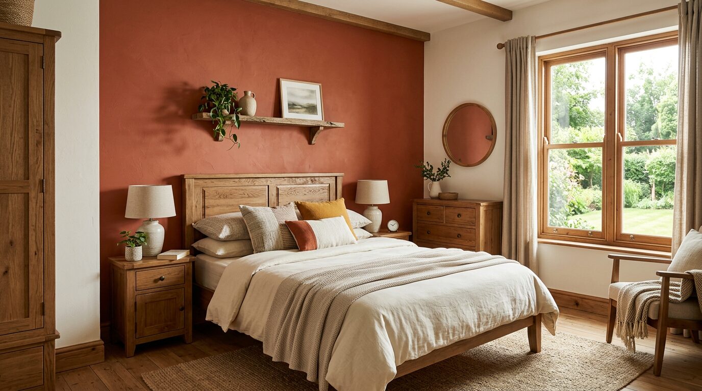 Mur d accent terracotta derriere la tete de lit Chambre avec un mur terracotta derriere le lit et murs clairs autour