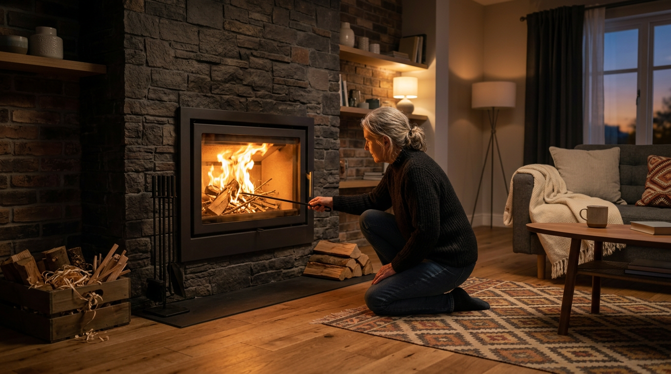 Allumage dun feu de bois dans un insert Insert de cheminee avec un feu qui demarre a laide de petites buches