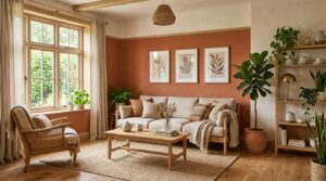 Salon avec mur d'accent terracotta et mobilier en bois clair