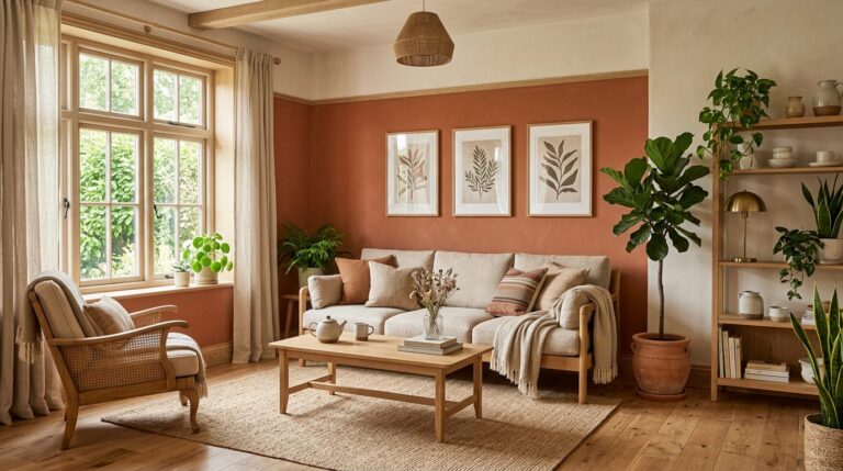 Salon avec mur d'accent terracotta et mobilier en bois clair