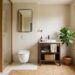 Salle de bain claire et soignée avec cuvette de toilettes blanche et plante verte