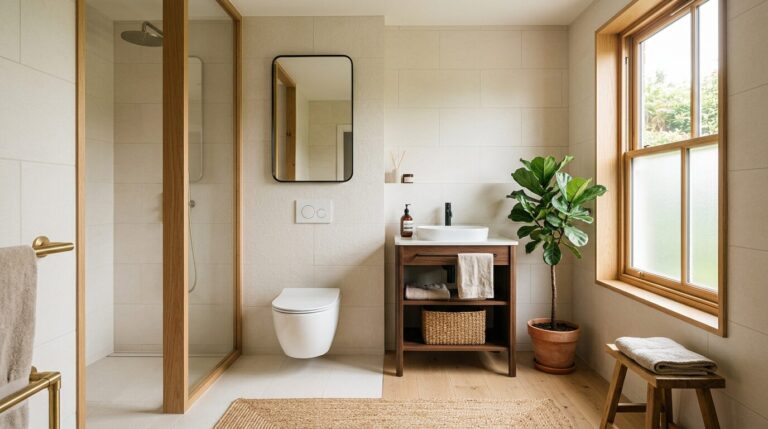 Salle de bain claire et soignée avec cuvette de toilettes blanche et plante verte
