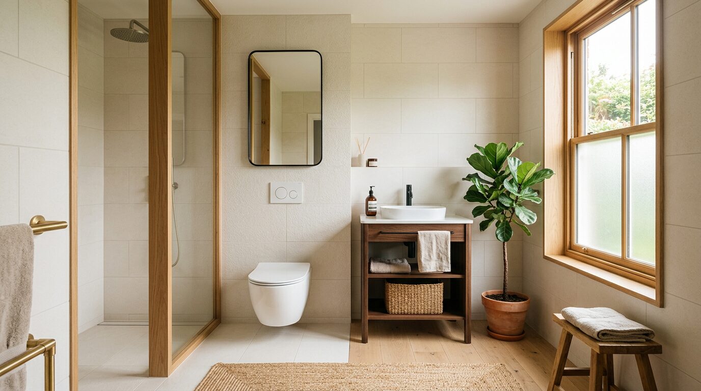 Salle de bain contemporaine et entretien sanitaire Salle de bain claire et soignée avec cuvette de toilettes blanche et plante verte
