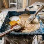 Mélange de peinture pour obtenir un beige Peintre mélangeant du blanc, du jaune et du marron pour obtenir un beige