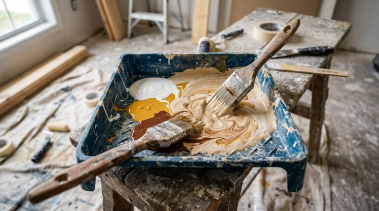 Mélange de peinture pour obtenir un beige Peintre mélangeant du blanc, du jaune et du marron pour obtenir un beige