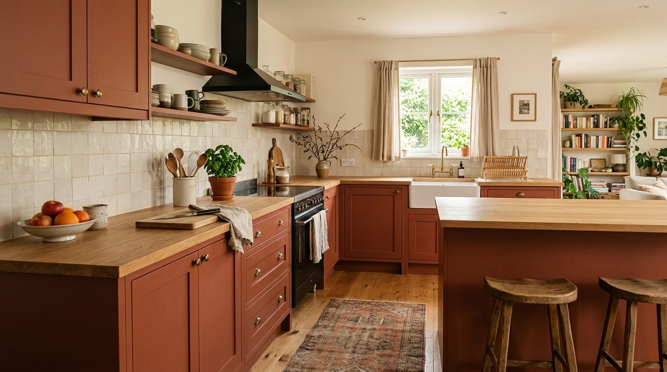 Façades de meubles de cuisine peintes en terracotta mat avec plan de travail bois