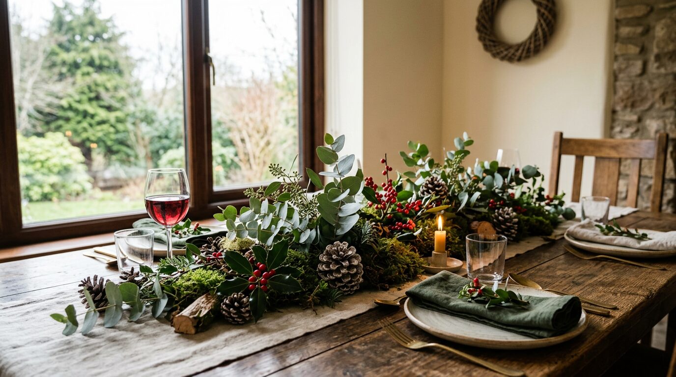 Centre de table bas en eucalyptus, mousse et pommes de pin pour Noël