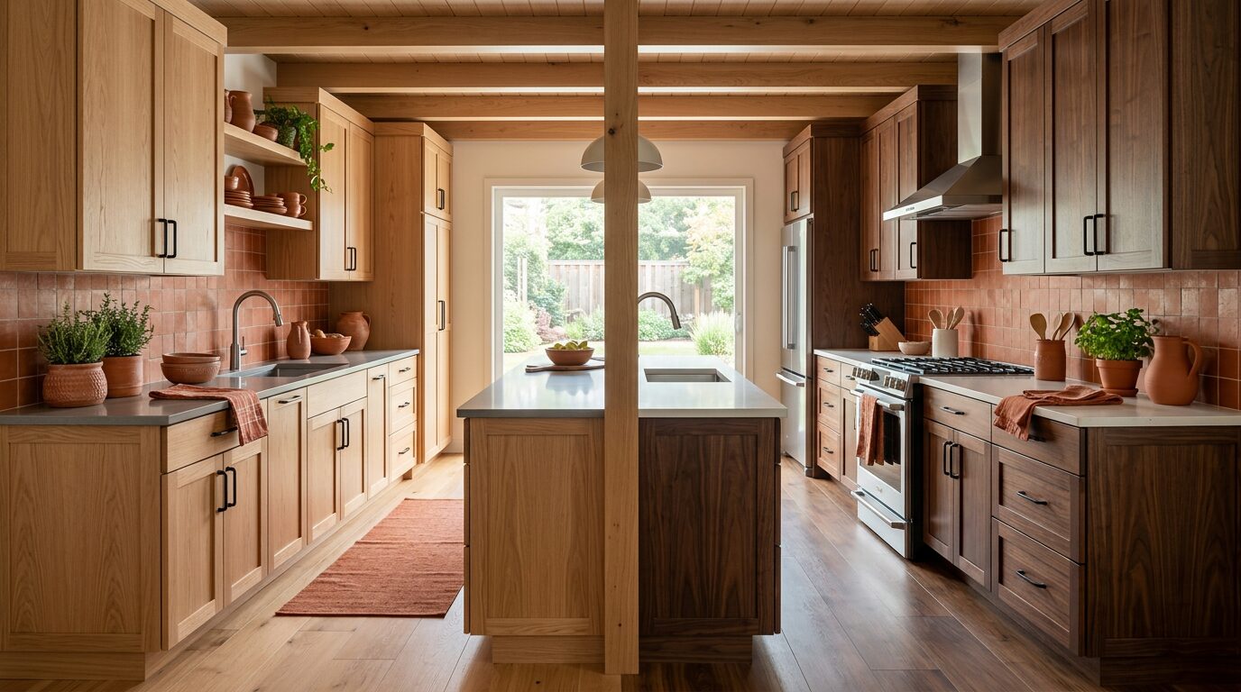 Comparaison bois clair et bois foncé associés à une teinte terracotta en cuisine