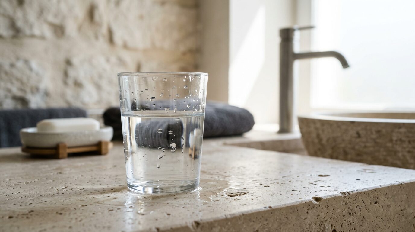 Gros plan sur un verre d'eau posé sur un évier en pierre claire dans une salle de bain