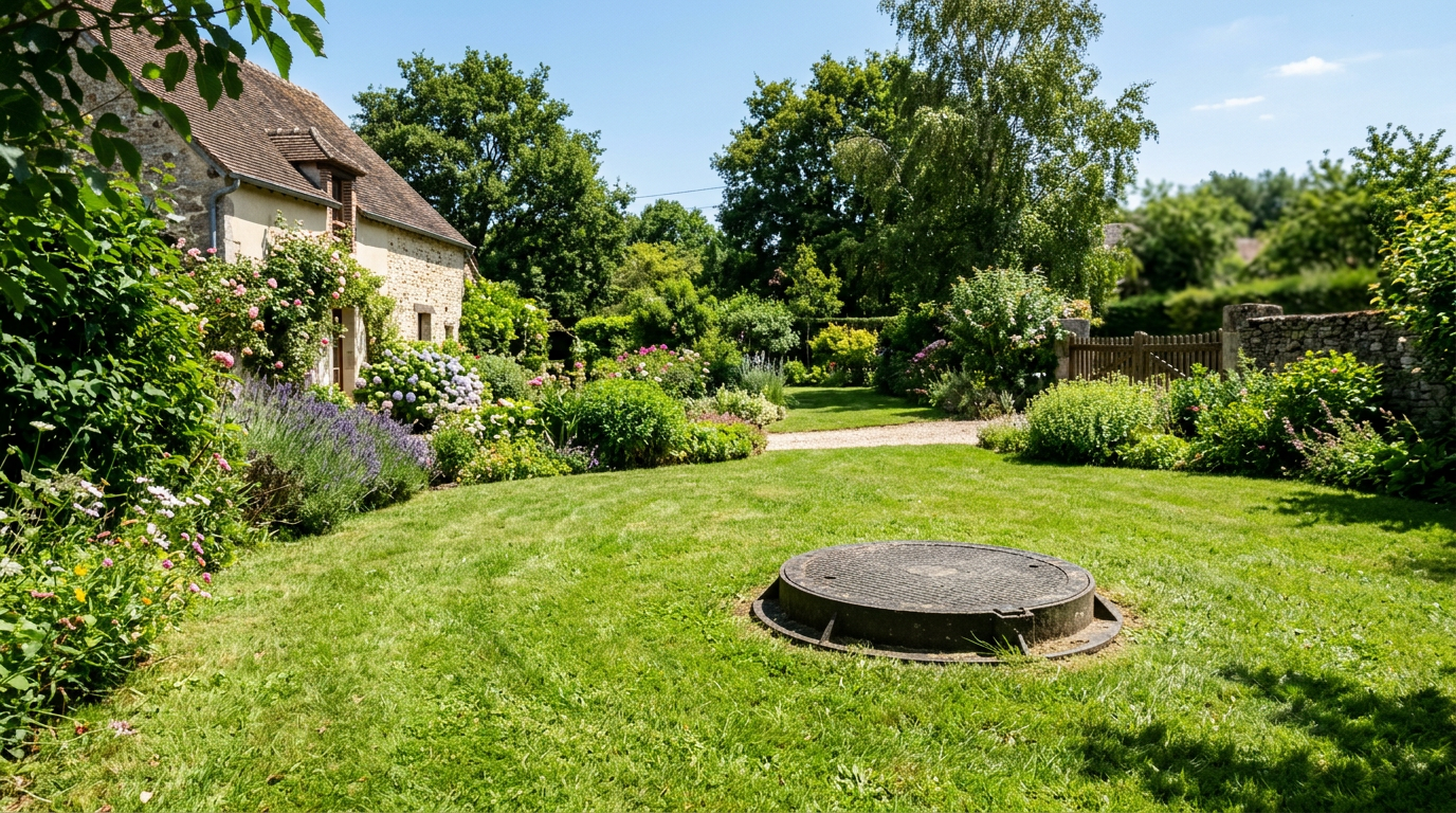 Fosse septique enterrée dans un jardin résidentiel Trappe d'accès à une fosse septique entourée de gazon dans un jardin ensoleillé