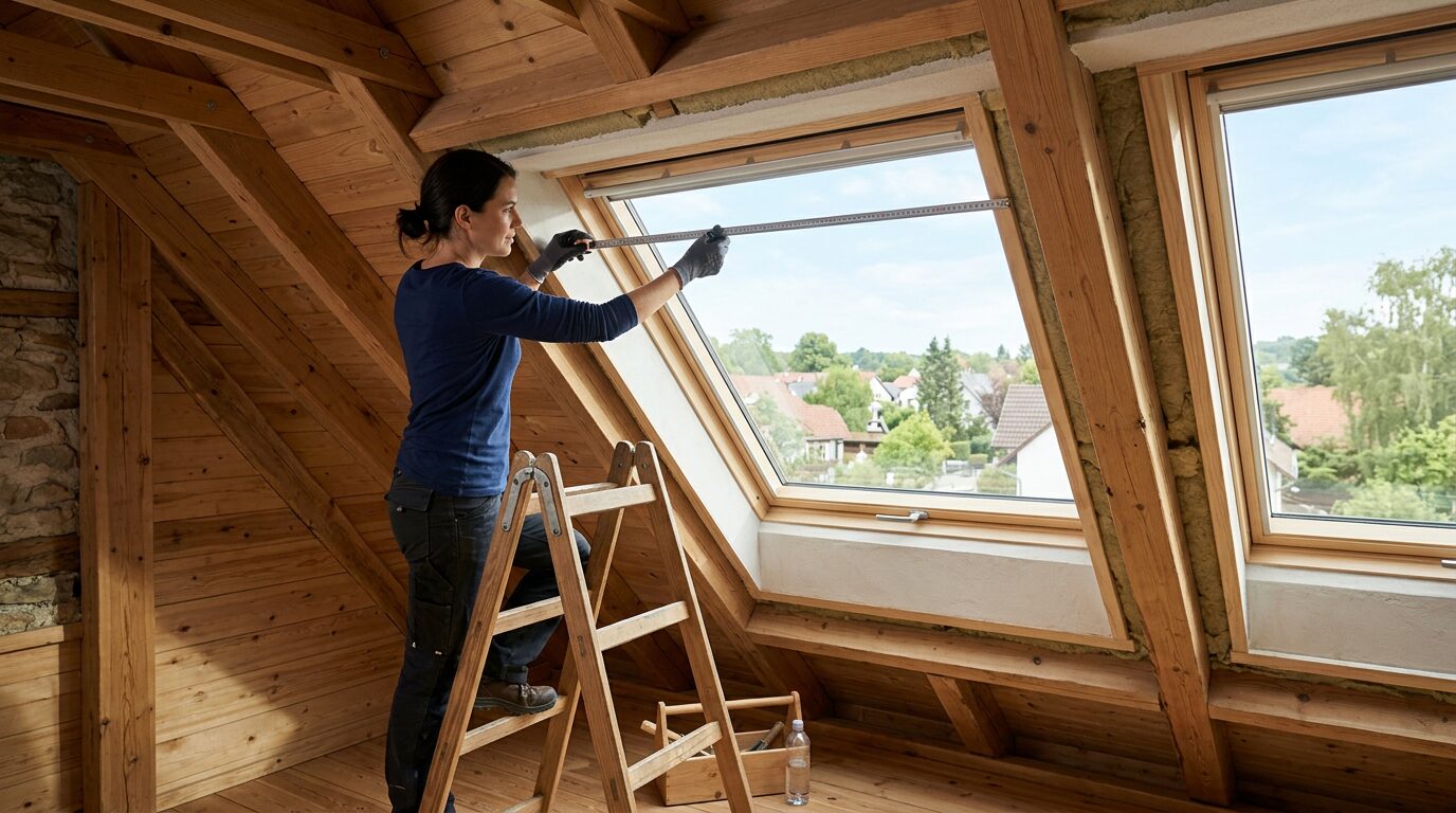 Mesure fenêtre de toit mètre ruban Mesure au mètre ruban du cadre d'une fenêtre de toit