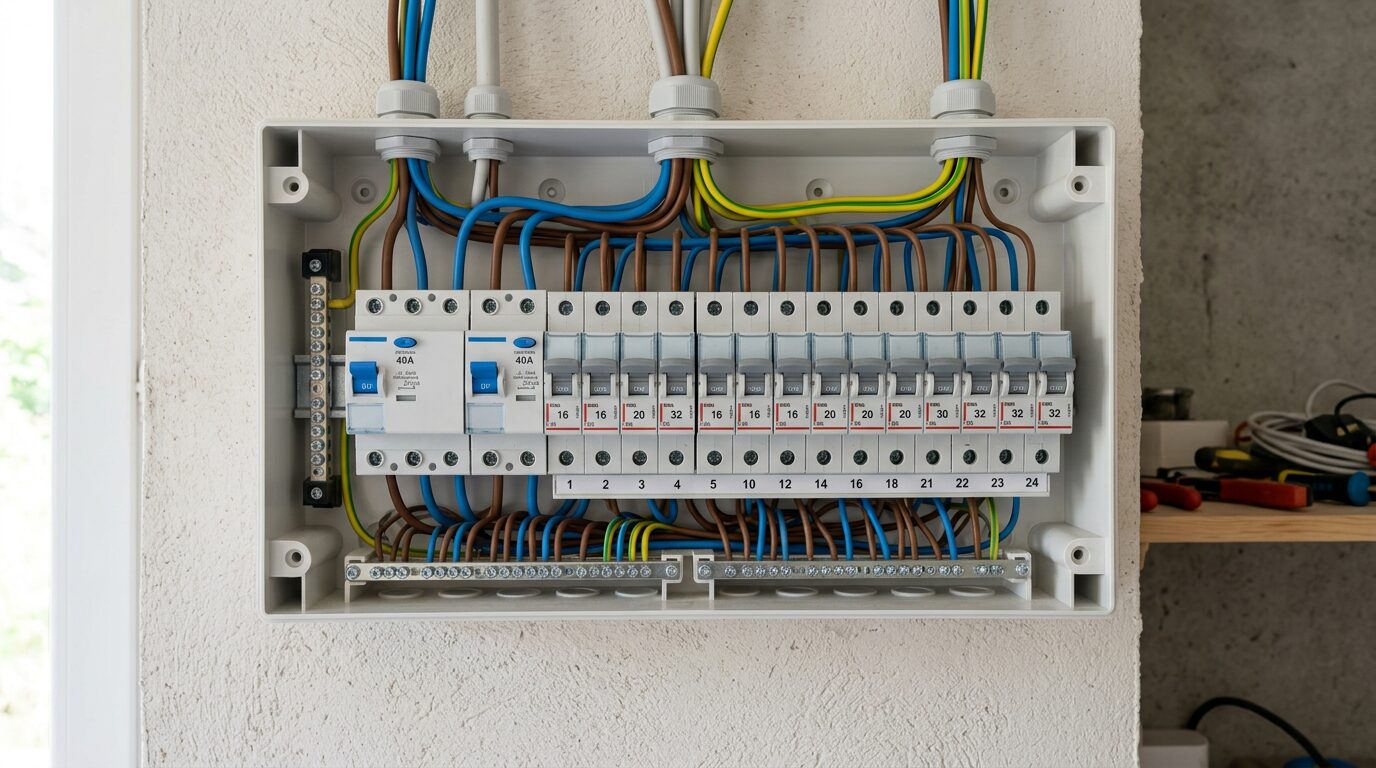 Gros plan sur des disjoncteurs divisionnaires et un différentiel dans un coffret électrique