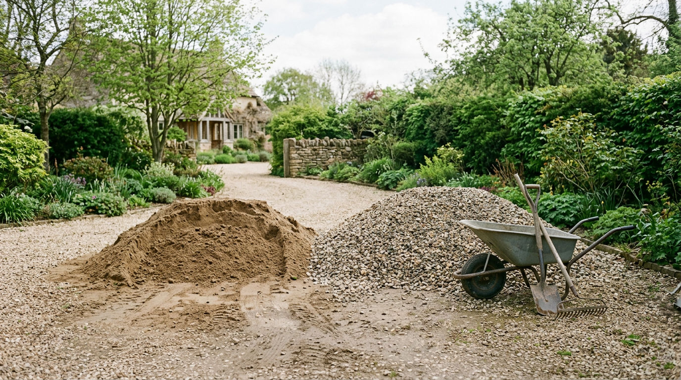 Volume de sable et gravier livrés en vrac Tas de sable et de gravier livrés en vrac dans une allée de jardin
