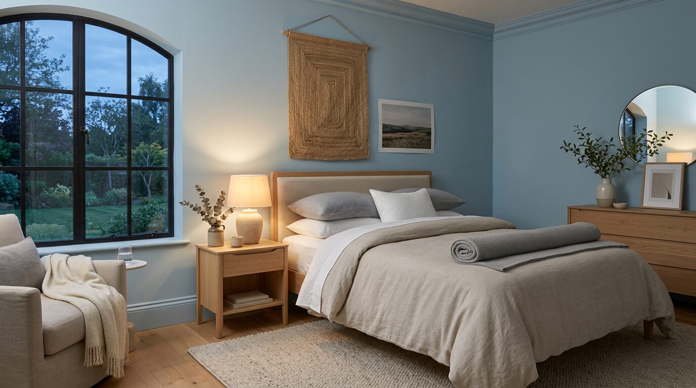 Chambre bleue apaisante propice au sommeil Chambre aux murs bleus doux avec lit confortable et ambiance calme