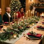 Table de Noël dressée avec un rouge profond et un vert sauge naturel