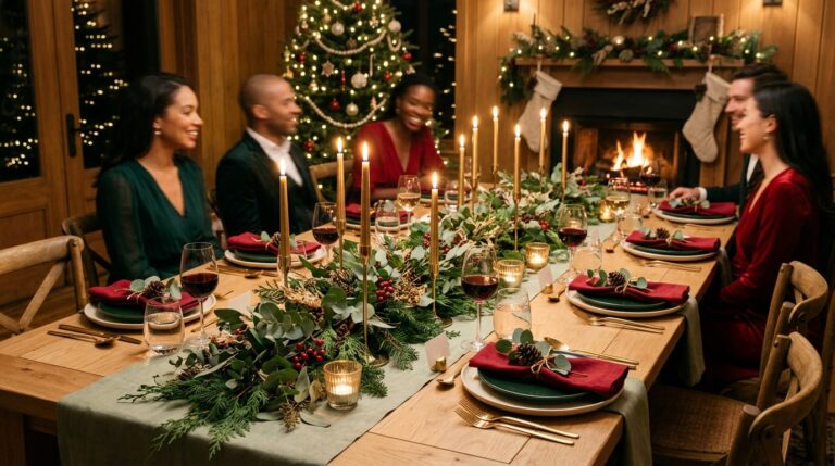 Table de Noël rouge et vert élégante Table de Noël dressée avec un rouge profond et un vert sauge naturel