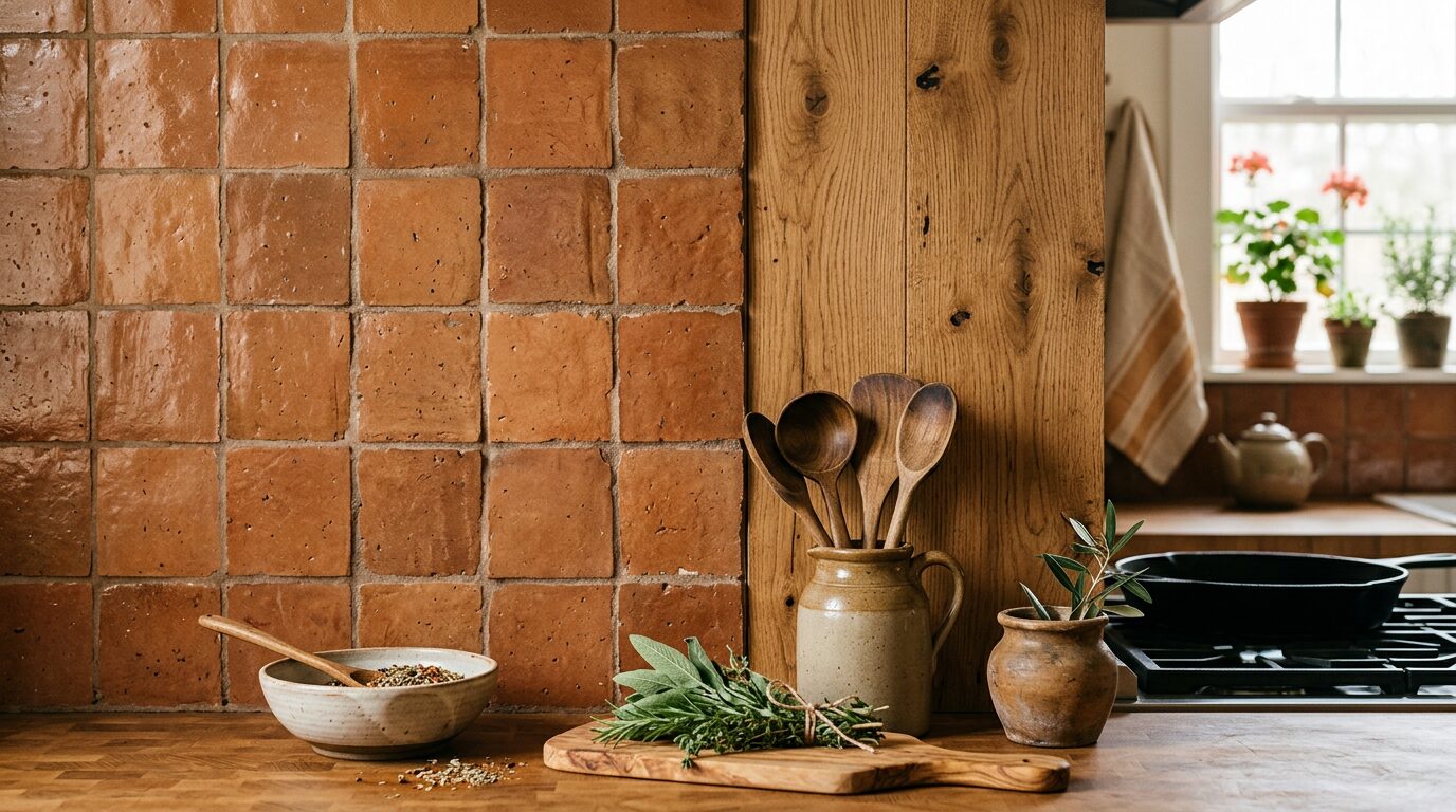 Association couleur terracotta et bois brut dans une cuisine chaleureuse