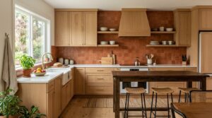 Cuisine avec crédence terracotta et meubles en bois clair