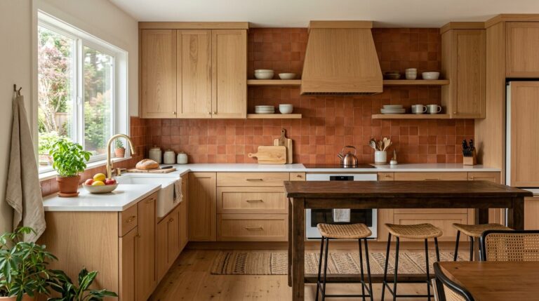 Association terracotta et bois en cuisine Cuisine avec crédence terracotta et meubles en bois clair