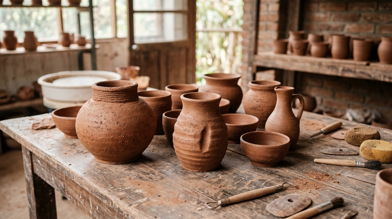 Pots en argile cuite aux tons terracotta naturels et texture mate