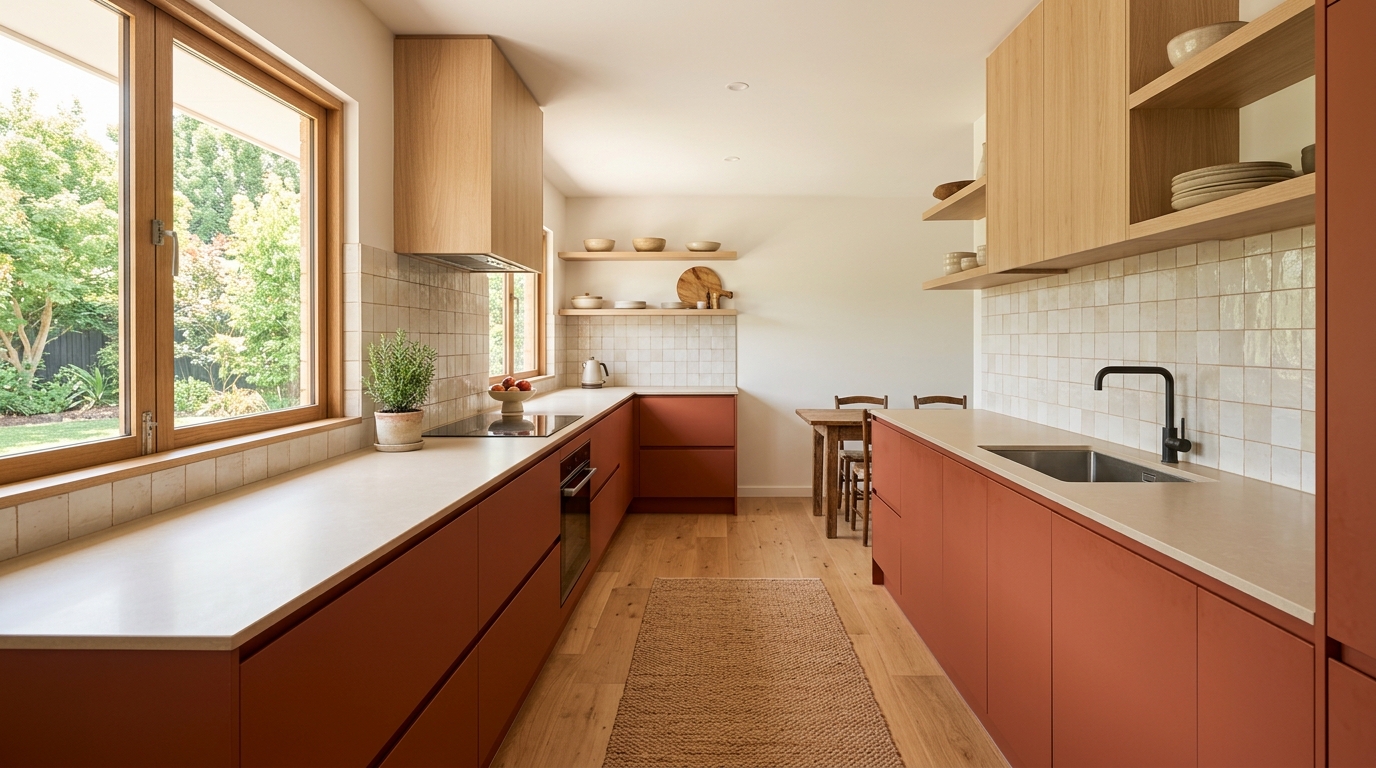 Cuisine avec caissons bas terracotta mat et plan de travail clair