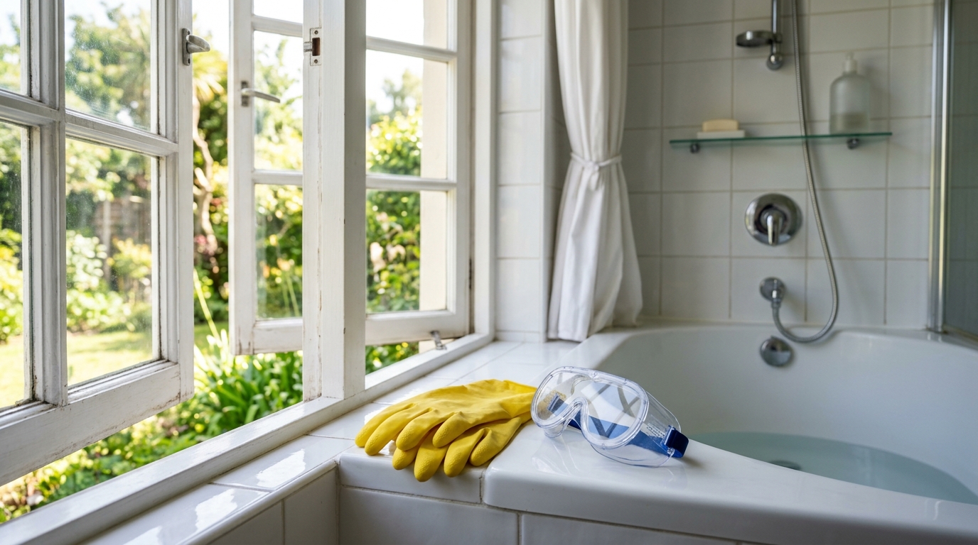 Équipement de protection pour nettoyage acide domestique Gants de caoutchouc jaunes et lunettes de protection posés dans une salle de bain aérée