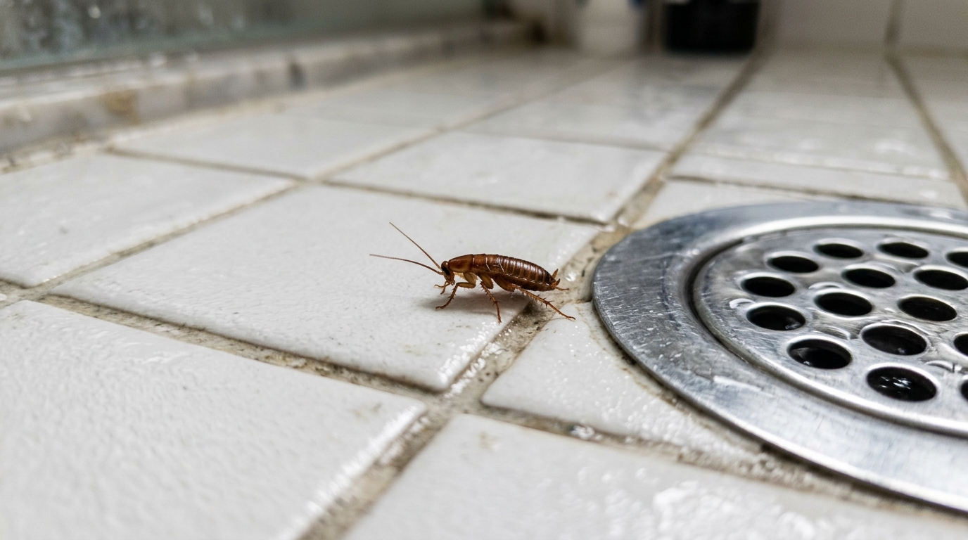 Reconnaître bébé cafard sans ailes salle de bain Petit cafard brun sans ailes près d'un drain de salle de bain