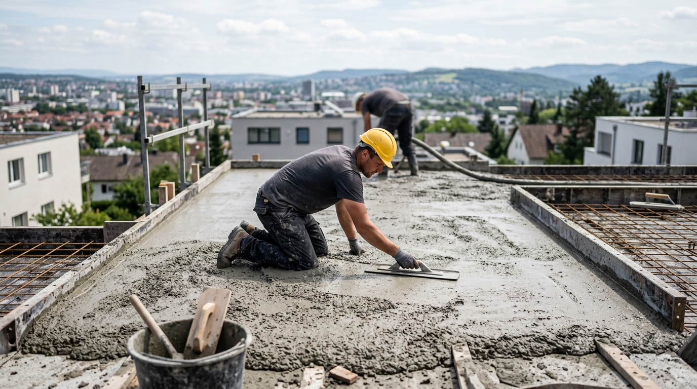 Calcul du volume de béton pour une dalle Dalle de béton fraîchement coulée et lissée sur un chantier de terrasse